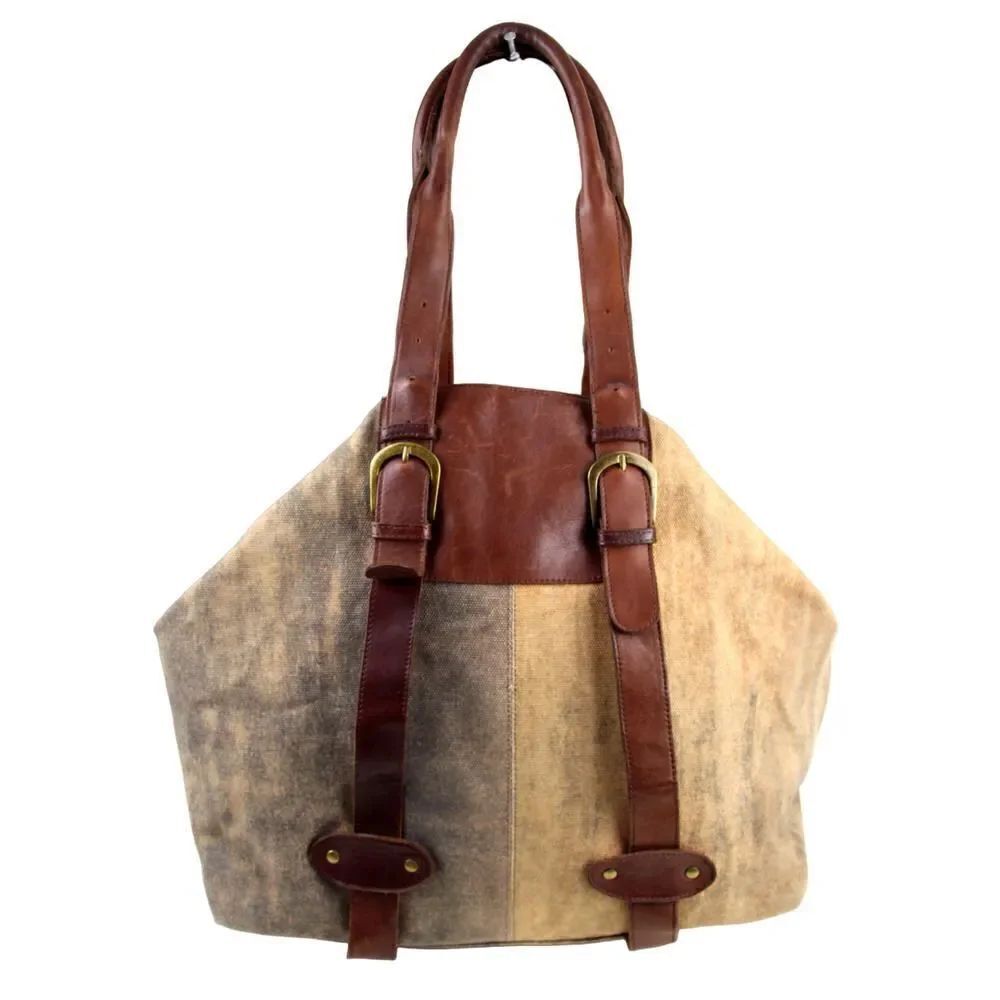 LARGE KiliKili BROWN BEIGE GENUINE LEATHER CANVAS SHOULDER BAG HANDBAG TOTE HOBO